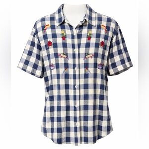 100% Cotton Gingham Embroidered Button Up Top Blue White Short Sleeve Shirt